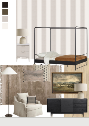 Kép Modern hálószoba fekete és natúr színben keretes ággyal